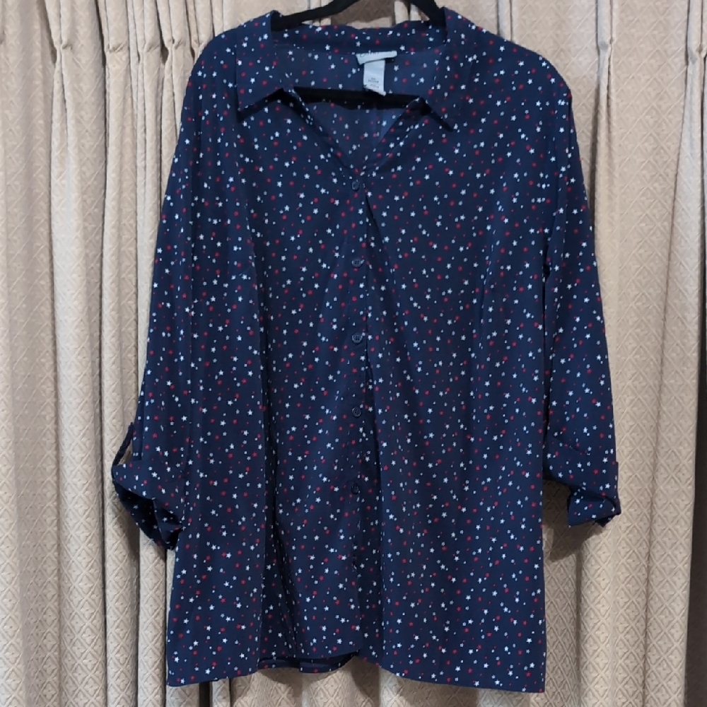 Women's Size 2X Catherines Button Down 3/4 Sleeve Red, White & Blue Star Blouse